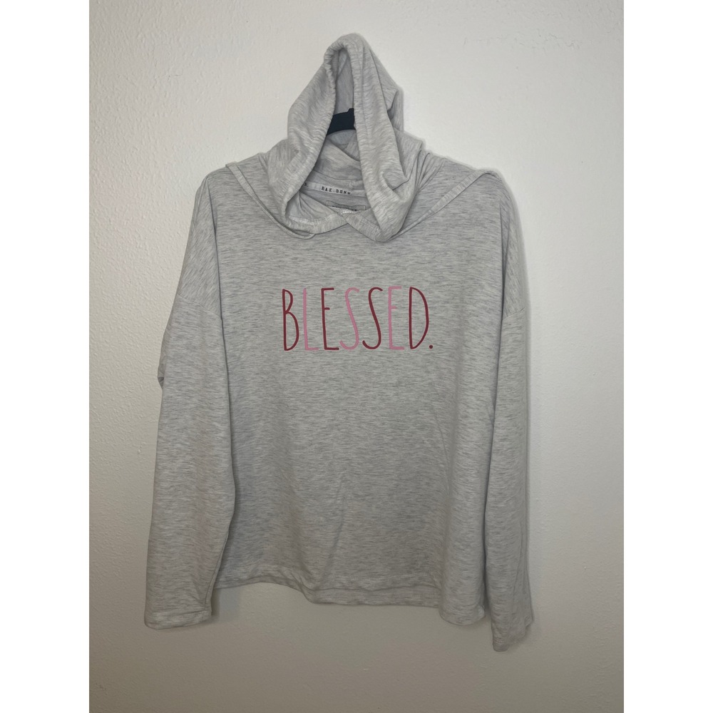 Rae Dunn Blessed Hoodie Gray Long Sleeve Cowl Neck Women's Size Medium